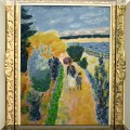 A01. Impressionist landscape oil painting of roadway by Jules Cavailles. Canvas: 21”h x 29”w 